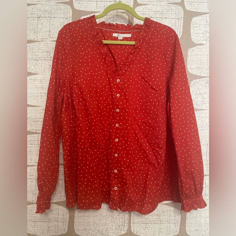 Boden Plus Size Blouse Sz 18 Curvy Red Polka Dot Ruffle Trim Long Sleeve